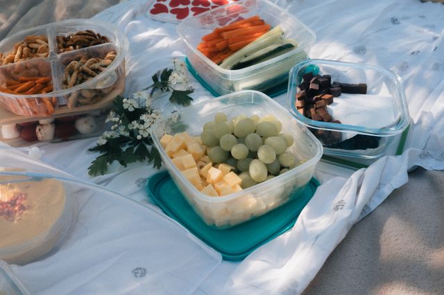 Plastične kutije sa grožđem, kockicama sira, štapićima šargarepe i kockicama čokolade
